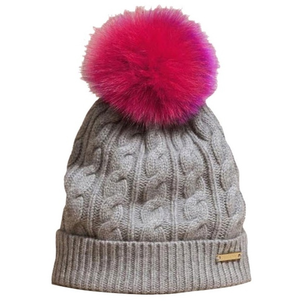 BURBERRY Fur Pom Pom Wool and Cashmere Beanie Grey Pink Purple 54-59cm